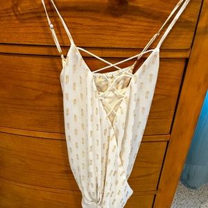 GUESS NWT women’s S delicate bodysuit,white w gold details & tie front,strappy